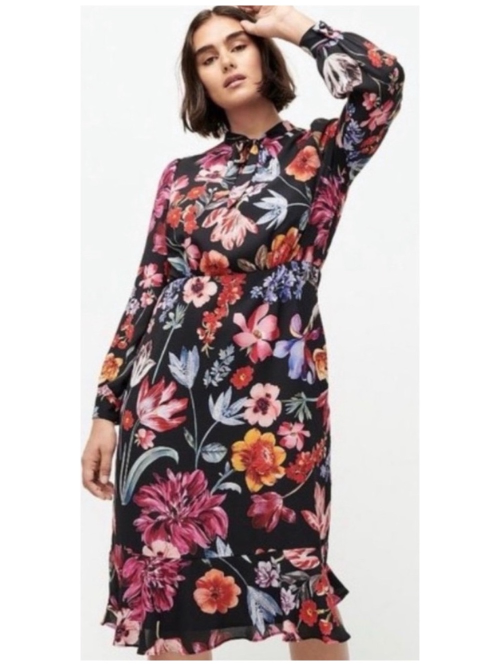J.CREW Women’s Size 14 Midnight Dutch Floral Tie Neck Long Sleeve Midi Dress‎